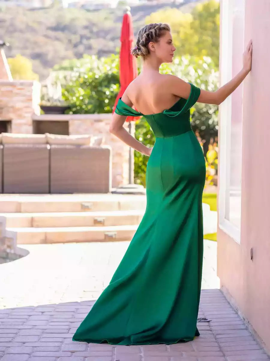 Charming mermaid off shoulder satin and floor sleeveless slit zipper back Prom Dresses